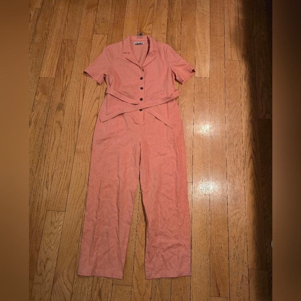 J Peterman Marbella Linen Lyocell Boilersuit Belted Orange Pink Jumpsuit Size 10
